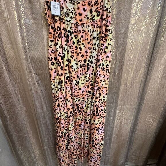 Bar III Plunge Cut Pink Yellow Cheetah Print Swim Cover-Up Maxi Dress Large NWT - Picture 5 of 11